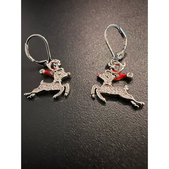 Rhinestone Reindeer Dangle Earrings Festive Leverback Holiday Jewelry - Picture 3 of 4